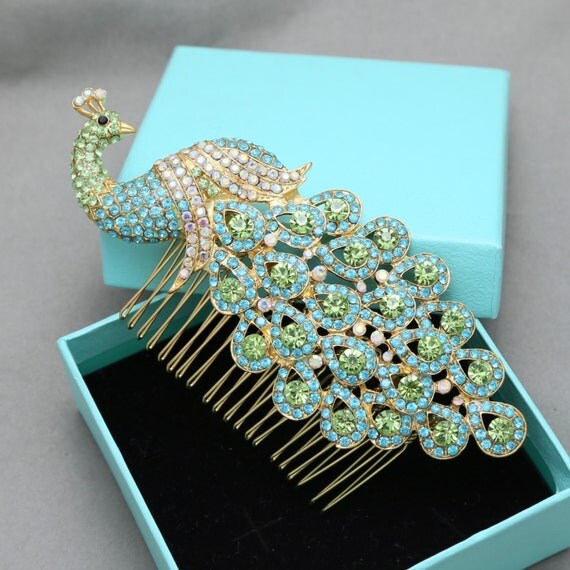 Color Peacock Rhinestone Crystals Bridal Hair Comb by BlingGarden