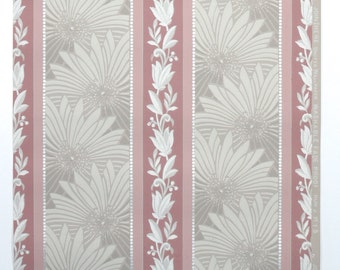 REMNANT of Vintage Wallpaper, Single 32 Inch Piece - Segmant of Botanical Wallpaper with Gray Leaves and Mauve Pink Floral Stripe