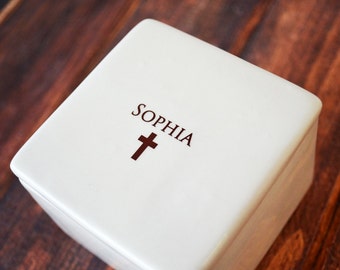 Personalized Baptism Gift or First Communion Gift - Square Keepsake Box - With Gift Box