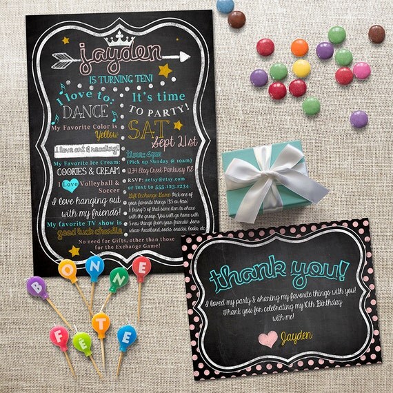First Birthday Invitation & Thank You Card Set - My Favorite Things - Blackboard, Chalkboard - Custom, Digital, Printable Designs Il_570xn