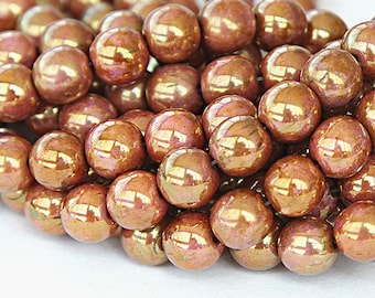 Opaque Rose Gold Topaz Luster Czech Glass Beads, 8mm Round - 25 pcs - eP65491-8r