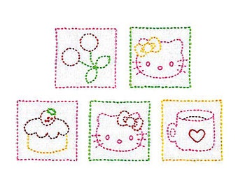 Olympus Sanrio Hello Kitty Design Sashiko Coaster Kit 5 Pcs with Cloth and Threads - Traditional Japanese Craft