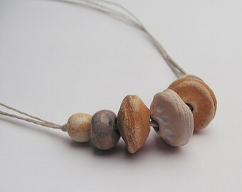 Rustic Stoneware Bead 20" Necklace - Artisan Beads - White, Yellow