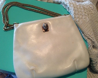 Vintage White Leather Purse with lion clasp & chain