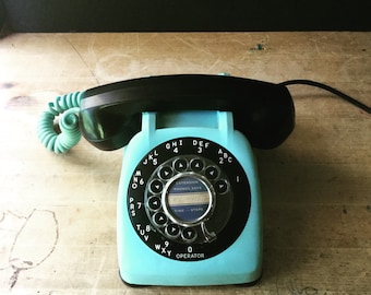 Retro Aqua and Black Telephone, Rotary Dial Desk Top Phone, Automatic Electric Monophone, Bakelite Mid Century Telephone, Office Phone