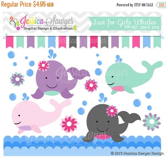 80% OFF - INSTANT DOWNLOAD, girls whale clipart, ocean birthday party, for commercial use, announcements, invites, digital crafts Il_570xn