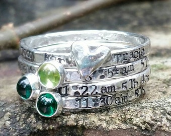Personalized mothers stacking ring, custom hand stamped ring, silver mothers ring, mother gift, mom to be gift, Grandmother gift, push gift