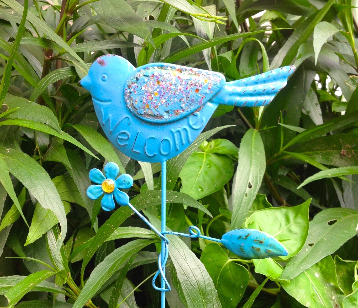 Metal Bird Garden/Flower Pot Stake Blue Metal Yard Art