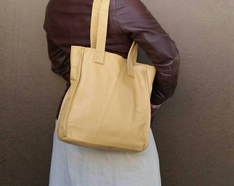 Cream tote leather purse / classic everyday bag / clean lines shoulder handbag annel