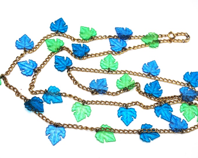 Blue Green Leaf Necklace Lucite grape leaf on gold tone chain