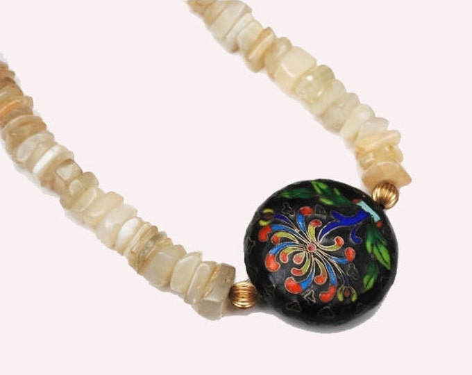 Boho Necklace with Cloisonne Enamel on a polish Chalcedony Agate nugget bead