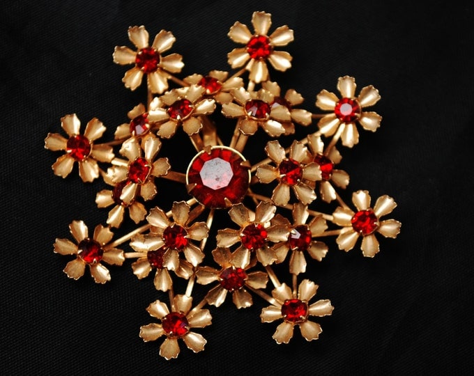 Vintage Large Flower Brooch - Red Rhinestone - slightly domed - gold flower - Mid Century floral pin - Atomic