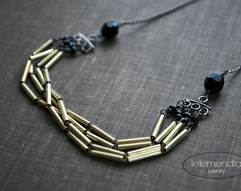 Vintage Brass Chain Necklace, Tube Chain Necklace, Gold Multi-Chain Necklace Mixed Metals Modern Boho Layered Letemendia Jewelry