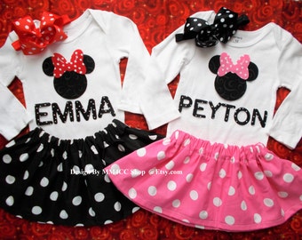 Minnie Mouse Birthday outfit Dress up cake smash first Pink RED Black Skirt Bodysuit Girl Personalized NB 3 6 9 12 18 24 3 4 5 Toddler SALE