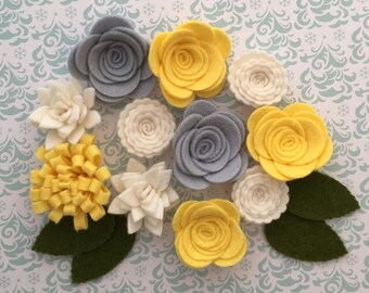 Handmade Wool Felt Flowers, Grey, Yellow and White