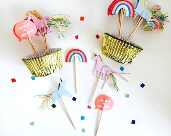 unicorn birthday cupcake kit, meri meri unicorn party, Unicorn Toppers, Gold Cupcake Liners, Birthday Cupcakes, Gold Foil Unicorn Decoration