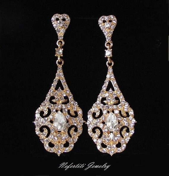 Gold Bridal Earrings Crystal Chandelier by nefertitijewelry2009