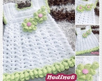Crochet baby dress pattern, crochet baby clothing pattern, green flower decorating dress, 0-4 years, dress pattern, How to make baby dress