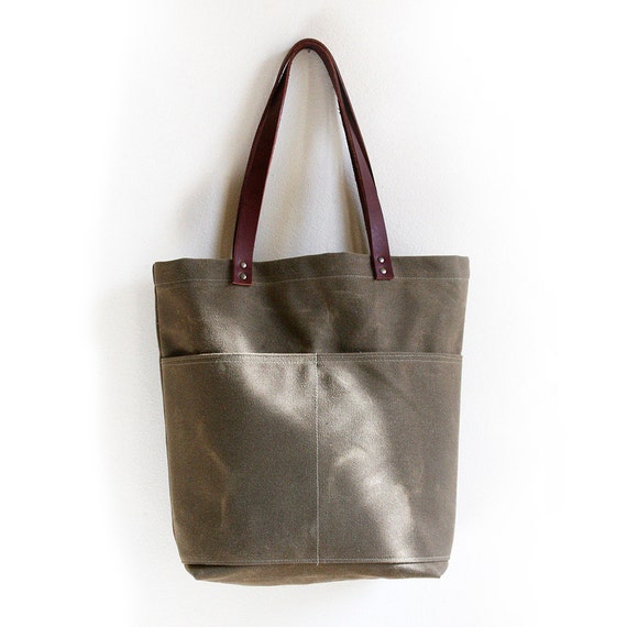 Brown Waxed Canvas Tote Bag with Leather Straps and Two Front