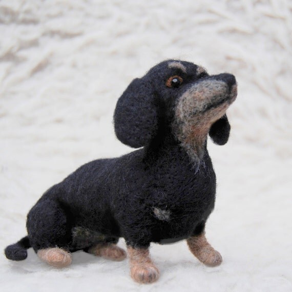 Needle Felted Dachshund Handmade Animal Black And Tan by willane
