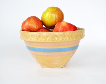 Antique Yellow Ware Bowl | Vintage Mixing Bowl | Stoneware | Blue & Pink Banded Bowl |Stoneware Bowl | Farmhouse Style