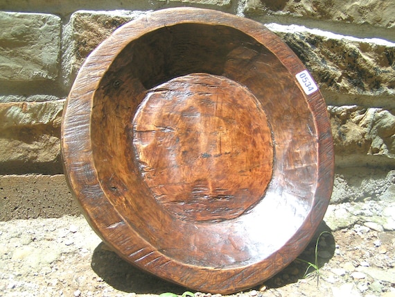 Primitive Hand Carved Wooden Dough Bowl Round Treenware