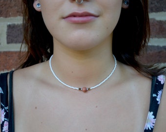 Beaded Goldstone and White Choker Necklace
