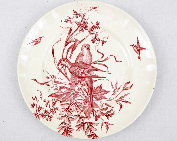Antique French Ironware Longchamp China Wall Plate with a Burgundy Red 2 Parrots Pattern, Vintage Retro Chateau Chic, French Country Decor Antique French Ironware Longchamp China Wall Plate with a Burgundy Red 2 Parrots Pattern, Vintage Retro Chateau Chic, French Country Decor