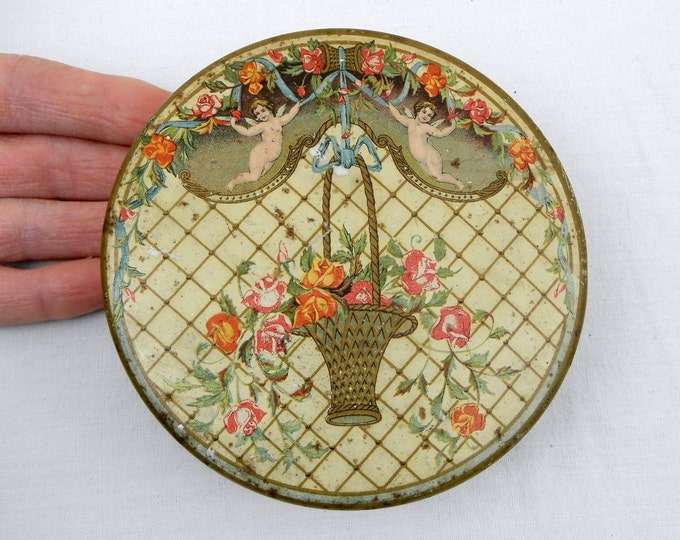 Antique French Metal Candy Tin, Les Griseldas from Nantes Illustration of Cherubs with Basket of Roses, Retro Vintage Home Decor, Country Antique French Metal Candy Tin, Les Griseldas from Nantes Illustration of Cherubs with Basket of Roses, Retro Vintage Home Decor, Country