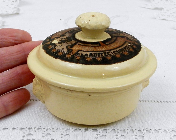 Small Antique "Terrine de Foies Gras aux Truffes" Truffles Lidded Pot with Original Paper Label by Sarrguemines from France, French Countr Small Antique "Terrine de Foies Gras aux Truffes" Truffles Lidded Pot with Original Paper Label by Sarrguemines from France, French Countr