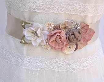 SALE 25% Off, Champagne Floral Bridal Sash, Wedding Sash With Swarovski Crystals & Pearls, Wedding Belt