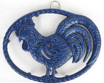 Vintage Cobalt Blue Enamel / Cast Iron Rooster Trivet