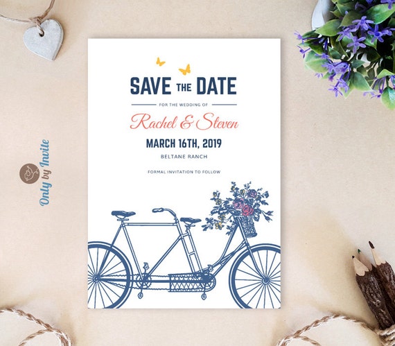 Vintage tandem bicycle Save the Dates Yellow and Royal blue