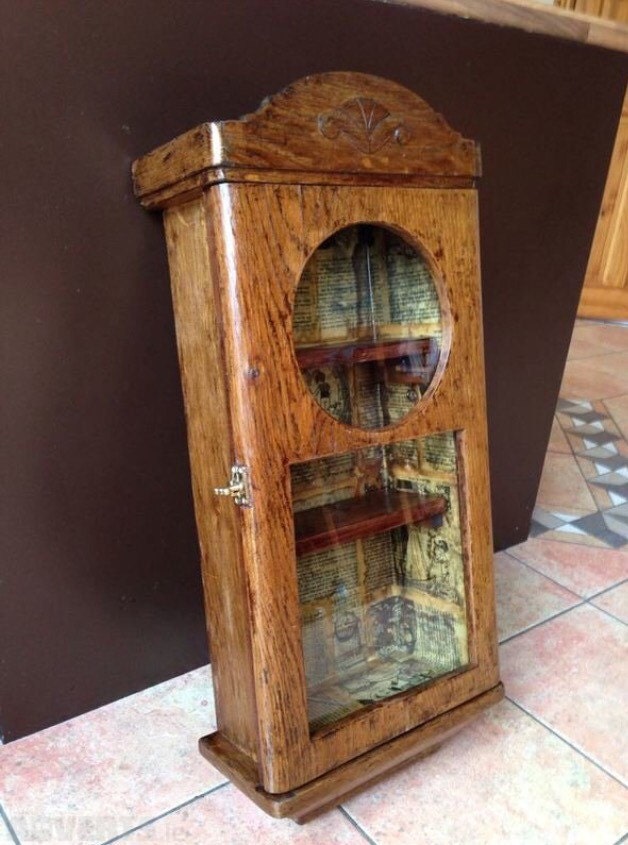 Upcycled Antique Clock Case into Curiosity Lined with