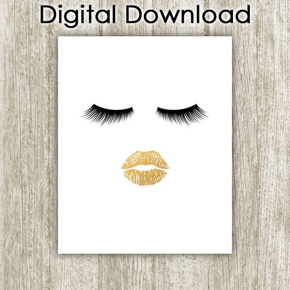 Lips and Lashes Print Lashes Printable Gold Lips by SavvySilverArt