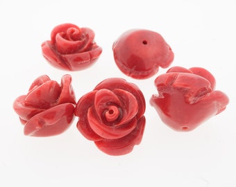 15mm Rose red carved coral, half drilled flower.