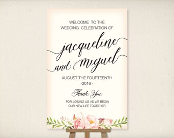 Wedding Welcome Sign, Large Mounted Wedding Poster, Reception Sign, Ceremony Sign, Rustic Watercolor Roses, DIY Printable -FREE SHIPPING P15
