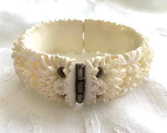 Celluloid Clamper Bracelet, Ivory Wedding Cake, Celluloid Flowers, Bride Wedding, Plastic Jewelry