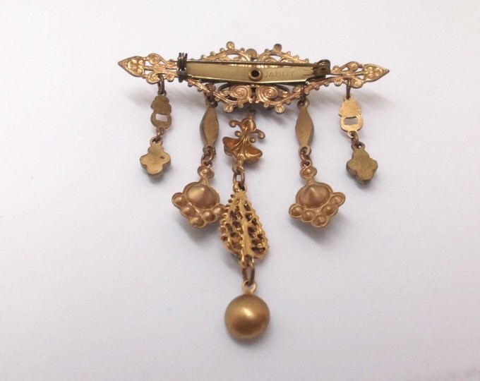 Vintage Pearl Turquoise Brooch, Filigree Dangle Pin, Victorian Revival Pin, Designer Signed