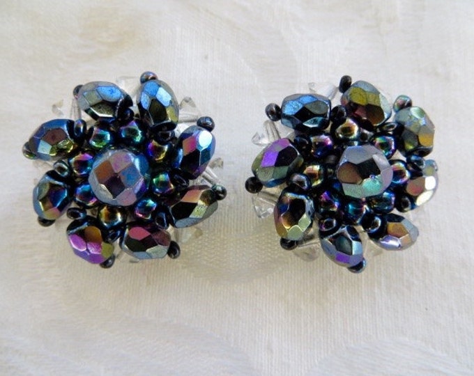 Vintage Clip Earrings West Germany Aurora Borealis Blue Purple 1950s Jewelry Mid Century Earrings