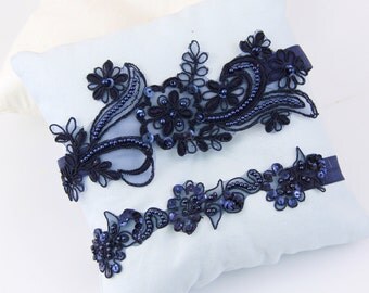 Navy Beaded Lace Garter Set, Bridal Navy Garter, Wedding Navy Garter, Prom Garter Belt, Navy Blue Wedding Garter, Toss Garter
