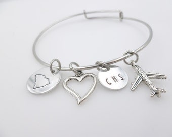 Airline Pilot, Flight Attendant, Bangle Bracelet, Airport Code, Airplane, Handstamped, metal jewelry gift for world traveler gift stewardess