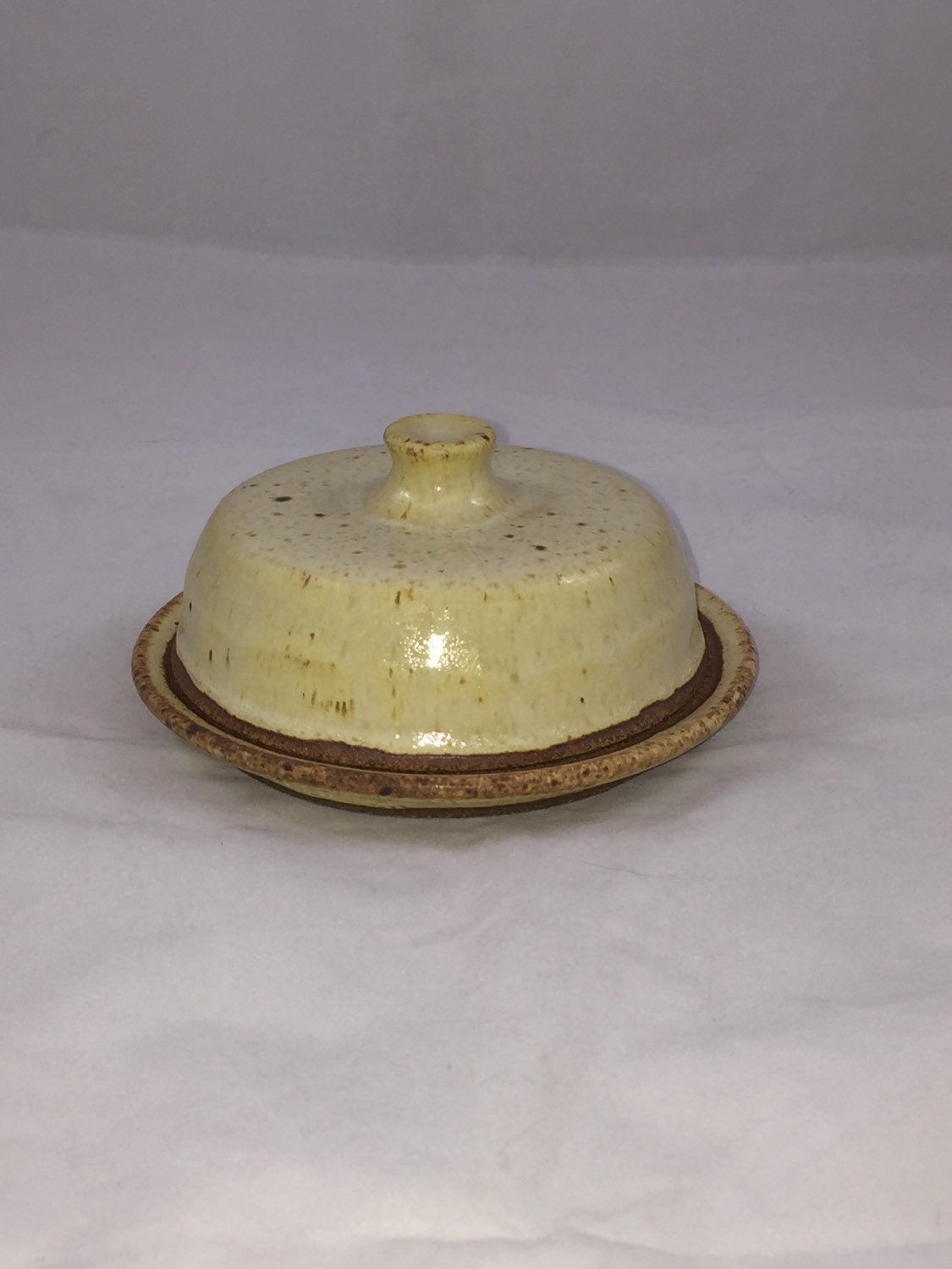 Speckled Yellow Butter Dish with Knob Handle