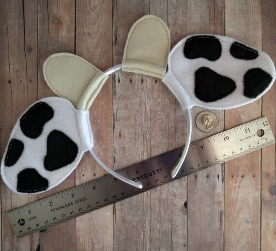 Cow Ears Headband with Horns Embroidered Felt on Satin