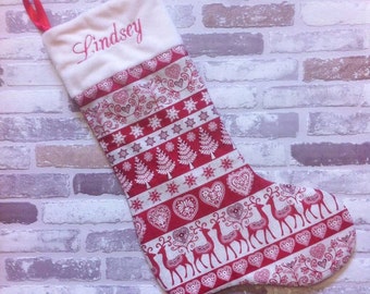 Scandi hearts, reindeer, tree personalised Christmas stocking