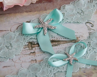 Beach Wedding Garter Set, Something Blue Bridal Garter Set, Aqua Blue Lace Garter, Lace Wedding Garter, Beach Garter Set, Starfish Garter