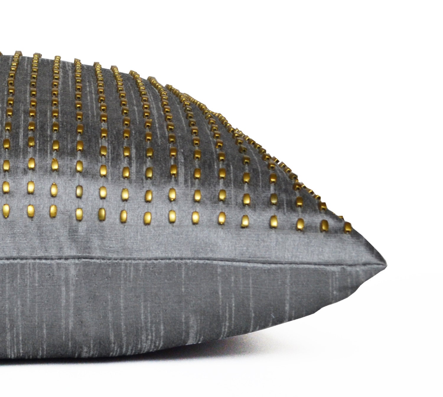 Decorative Throw Pillow Grey Gold Silk Pillow Cover Beaded