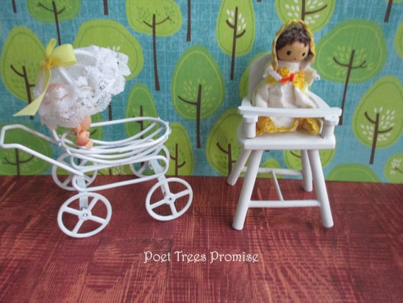 Vintage (4 Piece) White Metal Baby Stroller, White Wooden High Chair, Handmade girl doll and plastic baby doll