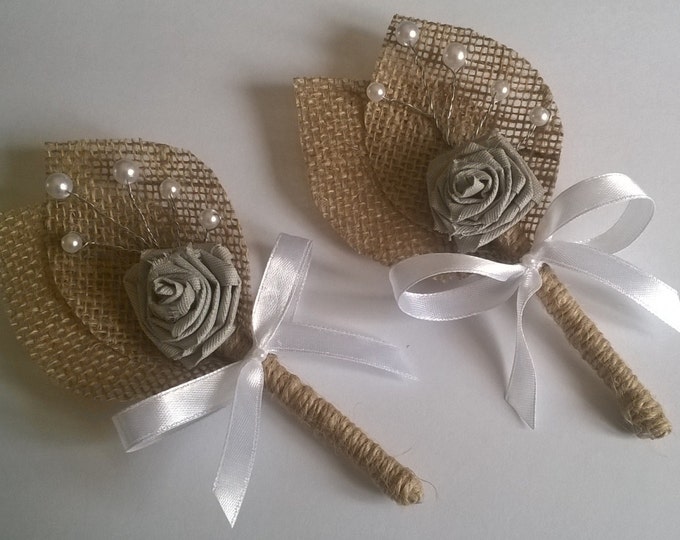 Burlap Groom's Boutonniere, Rustic Wedding, White Bow,Grey Flowers.