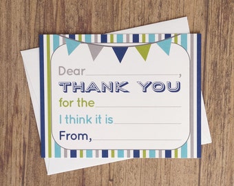 Fill In The Blank Thank You Cards - Boy Birthday Thank You Notes - Kids Thank You Note Card - Fill In Thank You Card - Blue Grey Green